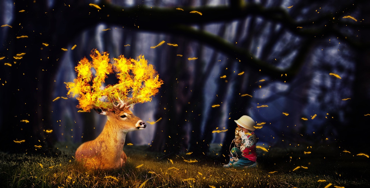 a little girl standing next to a deer with fire in it's antlers, digital art, pixabay contest winner, playing with fire, high quality fantasy stock photo, funny, background image