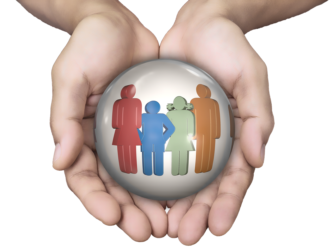 a person holding a ball with a group of people on it, a digital rendering, by Mirko Rački, pixabay, shield, family friendly, with a black background, four hands