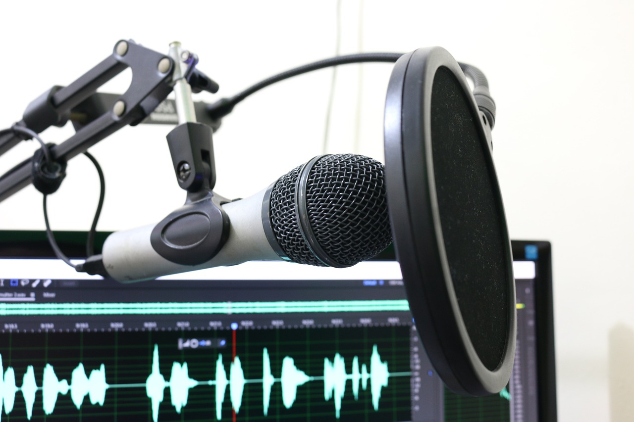 a microphone sitting in front of a computer monitor, a picture, shutterstock, trending on arstation w- 1024, show from below, black scales and cyborg tech, interview