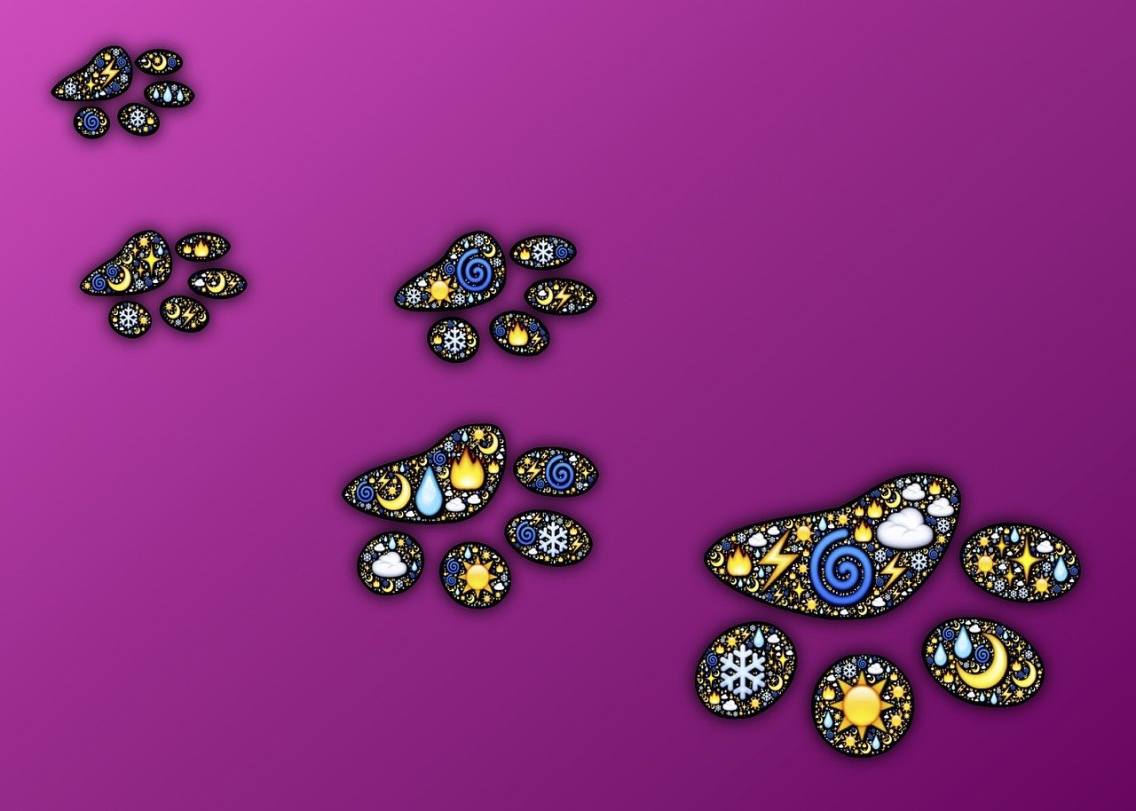 a bunch of buttons sitting on top of a purple surface, a digital rendering, inspired by Yahoo Kusama, trending on pixabay, generative art, whorl. clouds, stained glass style, paw art, !!!! cat!!!!