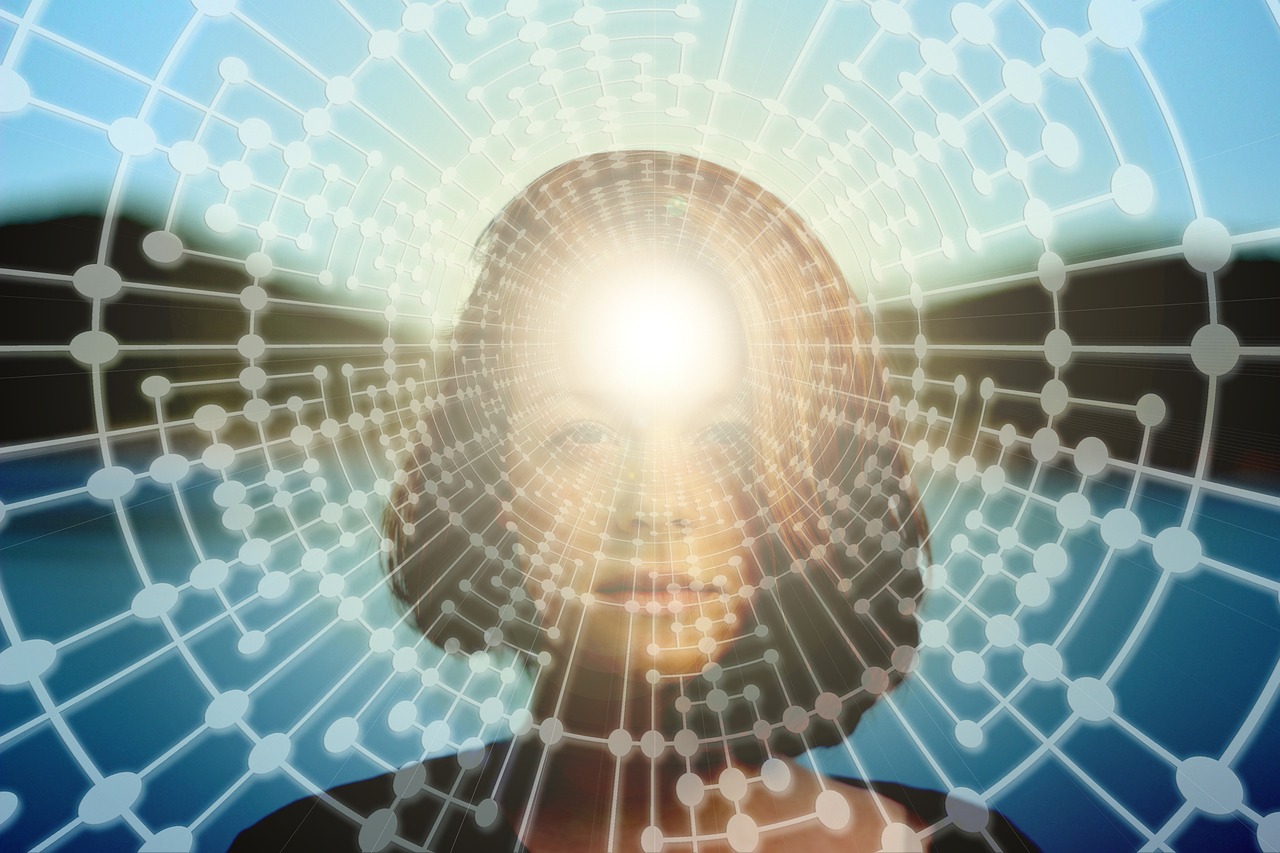 a close up of a person with a light in their head, digital art, sunburst behind woman, immersed within a network, head is centered, bright sunny day