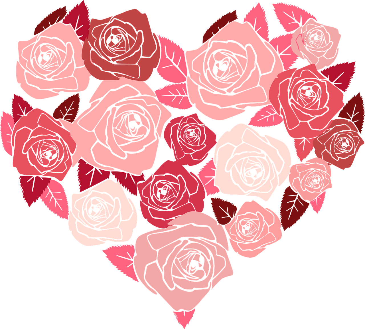 a heart shaped arrangement of roses on a black background, vector art, by Maksimilijan Vanka, pixabay, pink and red color style, 🪔 🎨;🌞🌄, group photo, kaethe butcher