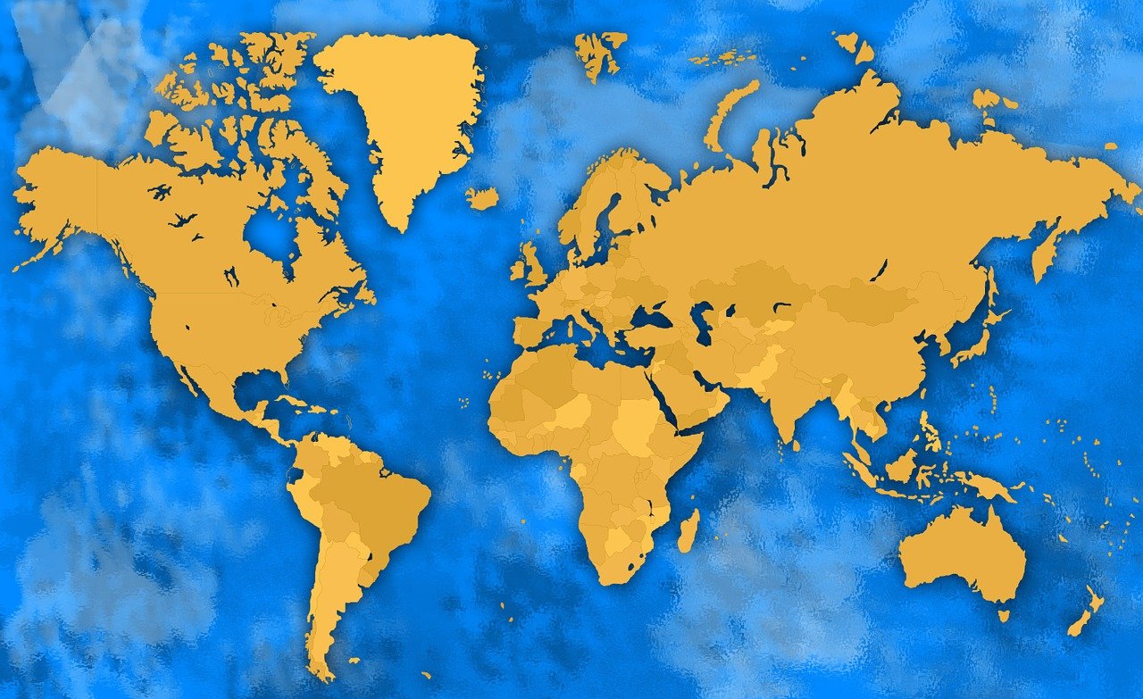 a map of the world on a blue background, a digital rendering, pexels, regionalism, coloured in blueberra and orange, wikimedia commons, banner, digital art - w 700