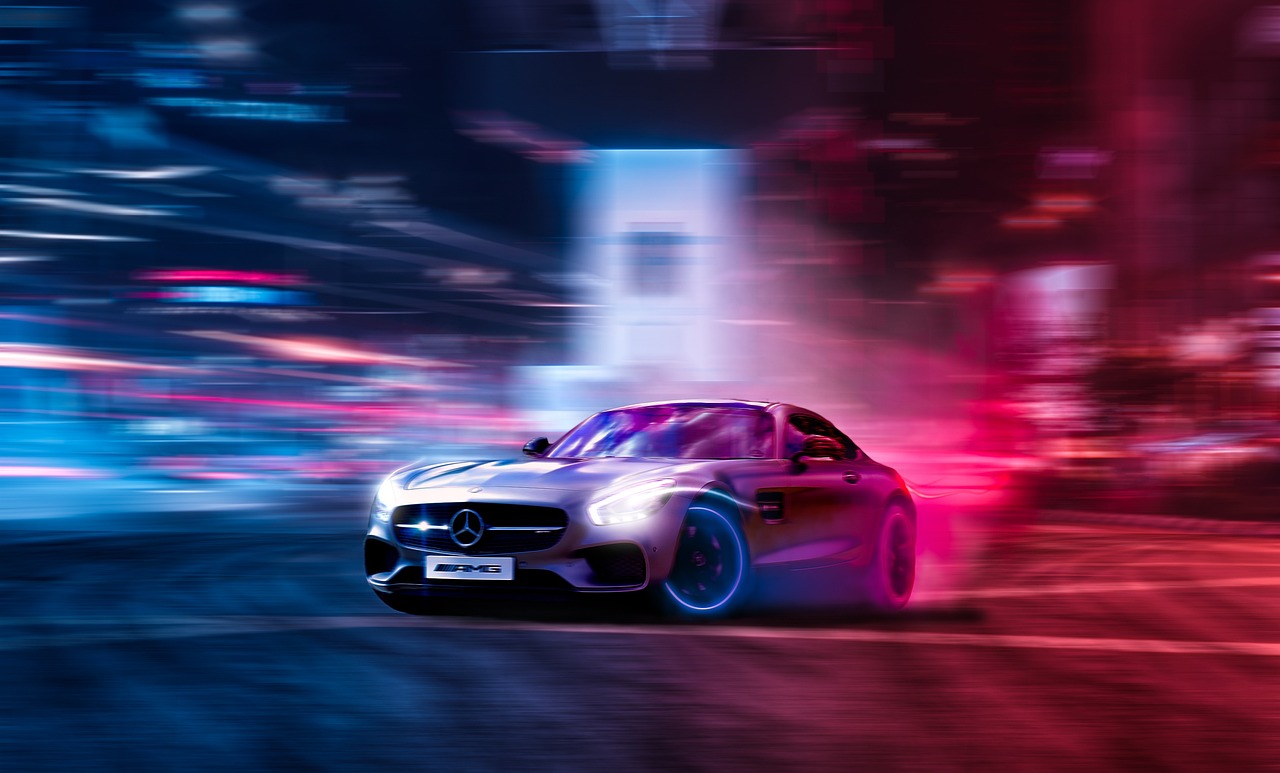 a car driving down a city street at night, a 3D render, pexels contest winner, light and space, mercedez benz, red blue purple black fade, mobile wallpaper, full view of a sport car