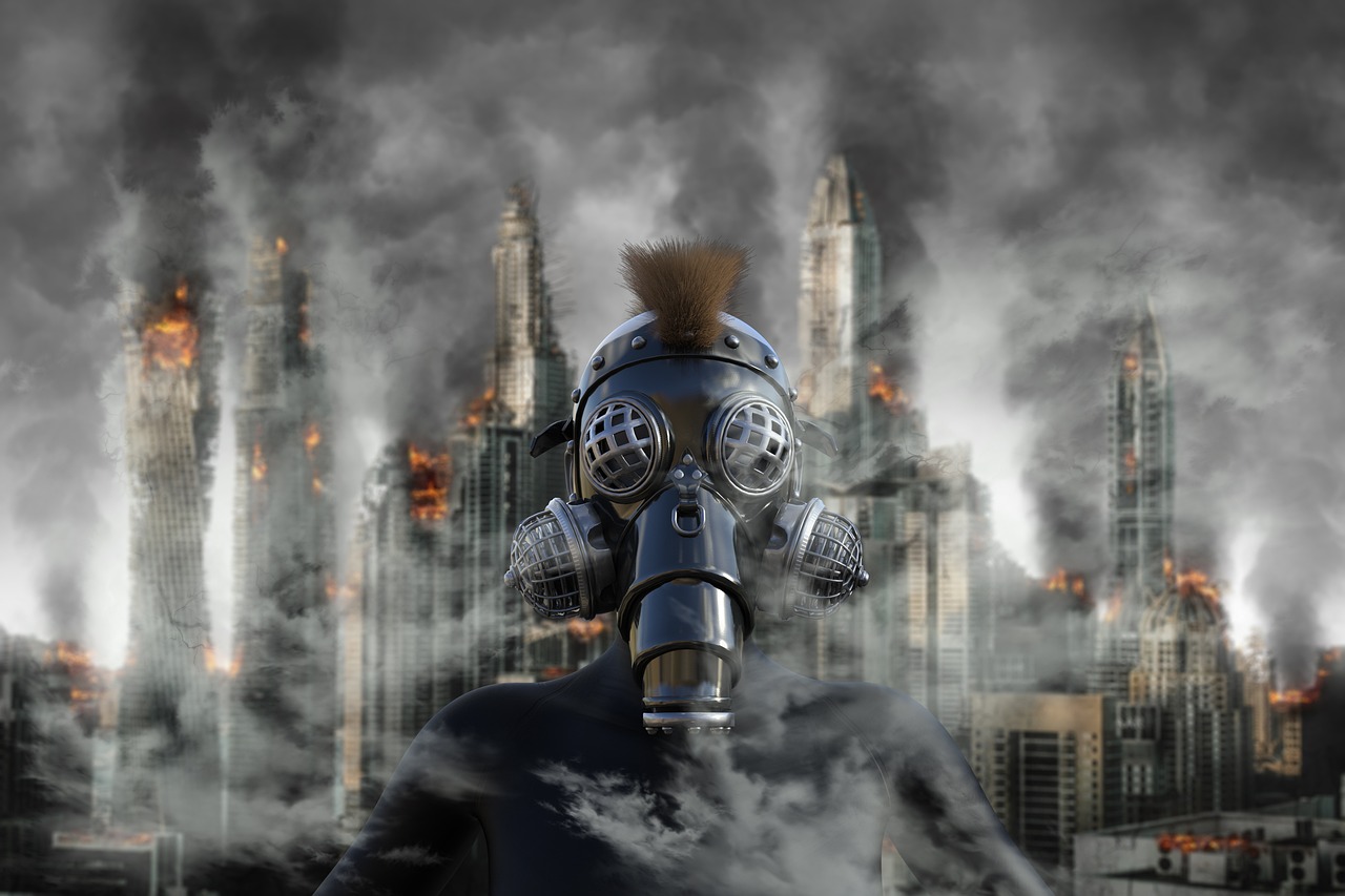 a man wearing a gas mask on top of a building, inspired by Igor Morski, nuclear art, burning city background, the robot in her mechanical mask, in front of dark smoke, new york