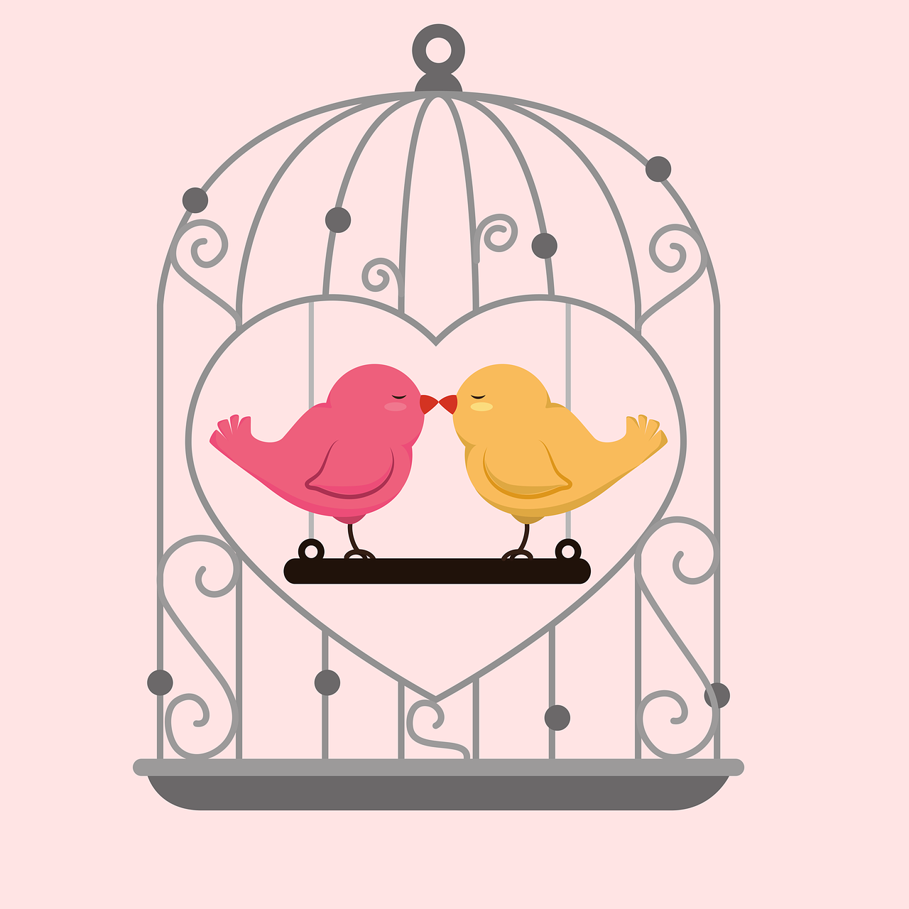 a couple of birds sitting on top of a birdcage, an illustration of, romanticism, pink and yellow, cartoon style illustration, kissing, solid