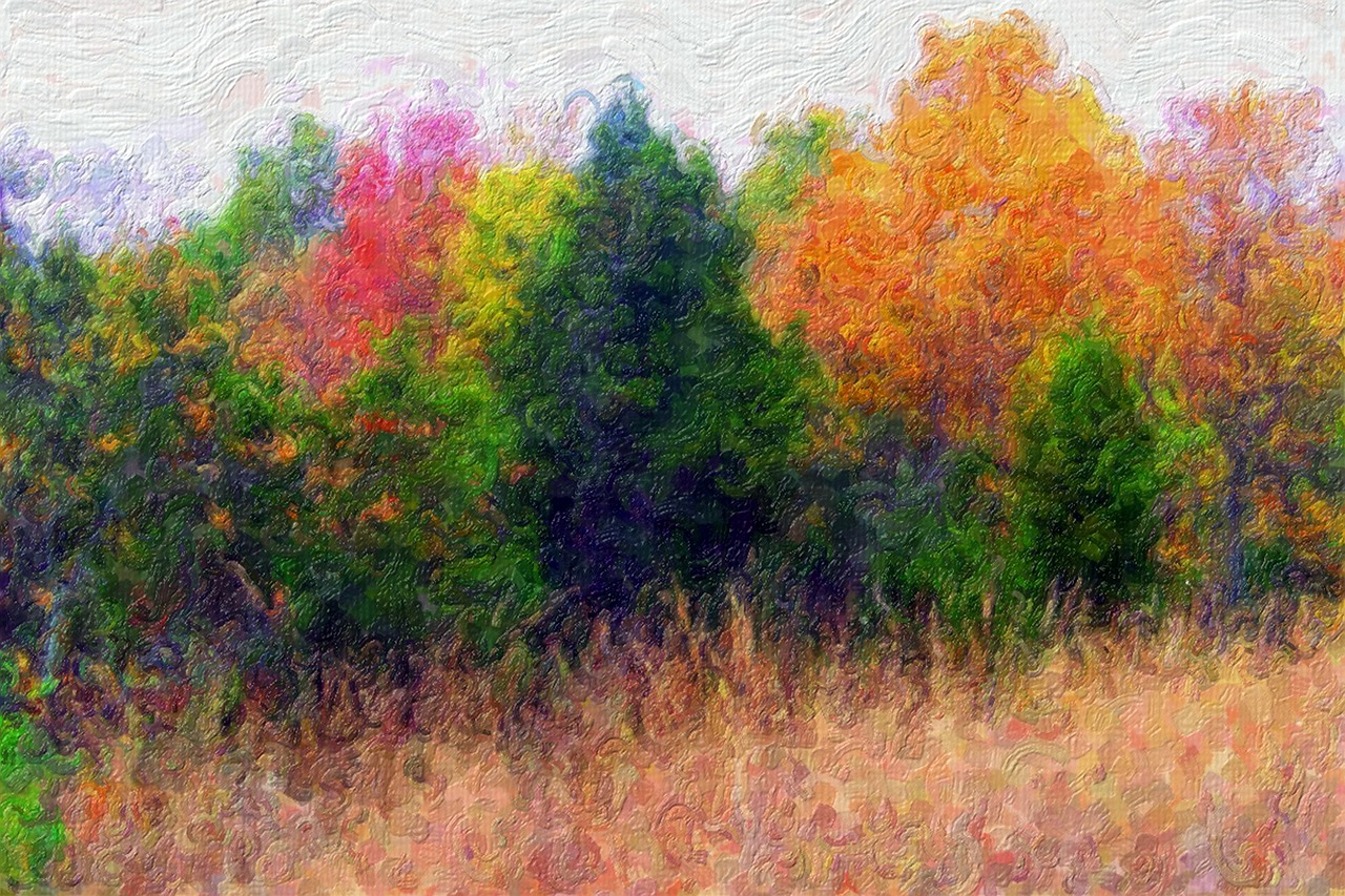 a painting of a field with trees in the background, a digital painting, inspired by Wolf Kahn, flickr, autumn! colors, in style of mike savad”, portrait n - 9, posterized color