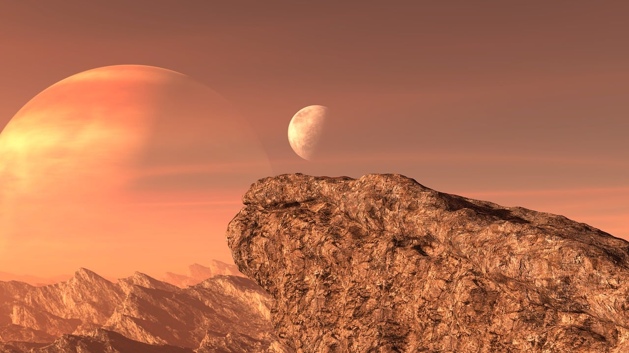 a close up of a rock with a moon in the background, trending on cg society, space art, distant mountains lights photo, orange gas giant, 8k octae render photo