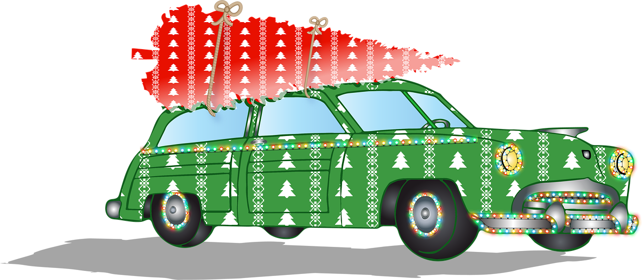 a green car with a christmas tree on top of it, concept art, pixabay, googie motifs, cut-away, koyaanisqatsi, redneck