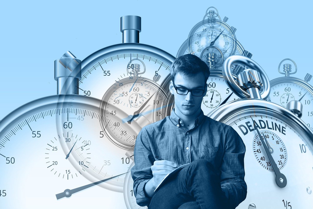 a man sitting on top of a pile of clocks, a digital rendering, process art, watch photo, man with glasses, relaxed. blue background, drawing sketches on his notebook