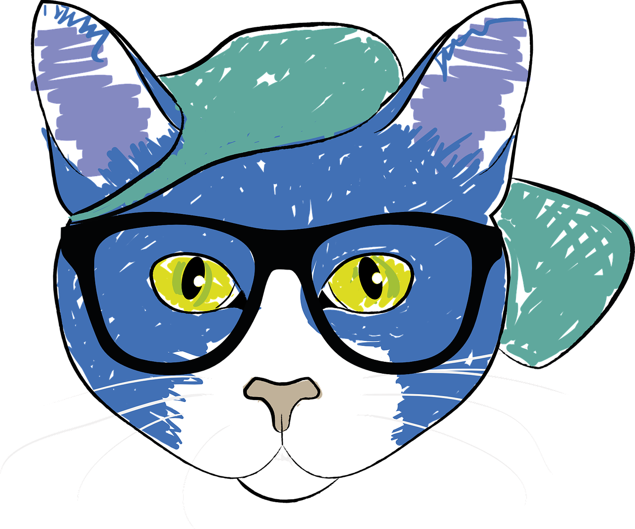 a drawing of a cat wearing glasses and a hat, vector art, inspired by Louis Wain, furry art, blue and black color scheme, cat photo, high contrast illustration, closeup portrait shot