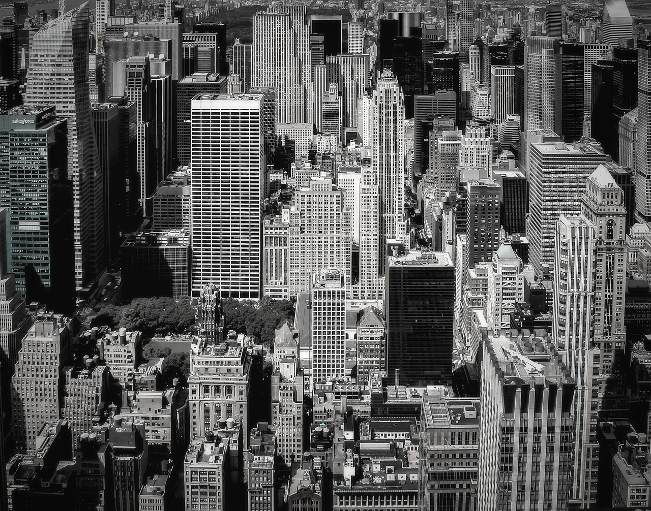 a black and white photo of a city, a black and white photo, new york buildings, high angle view, vibrant contrast, usa-sep 20