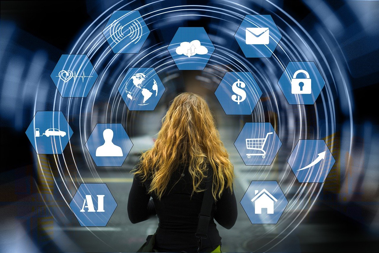 a woman standing in front of a circular display of icons, digital art, pexels, digital art, stock photo, connectivity, artificial intelligence princess, stock image