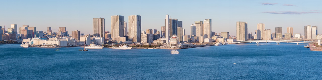 a large body of water with a city in the background, a photo, flickr, sōsaku hanga, viewed from the harbor, gigapixel photo, high rise buildings, modern high sharpness photo