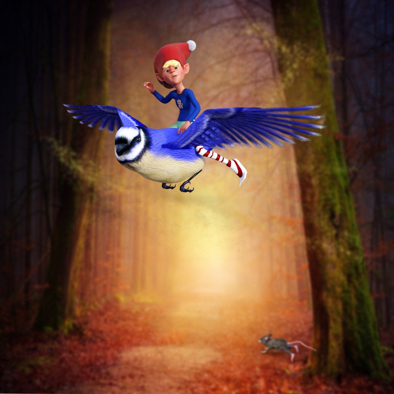 a bird that is flying in the air, a storybook illustration, inspired by Alison Kinnaird, conceptual art, with 3d render, woodland backround, holiday season, commercial photo