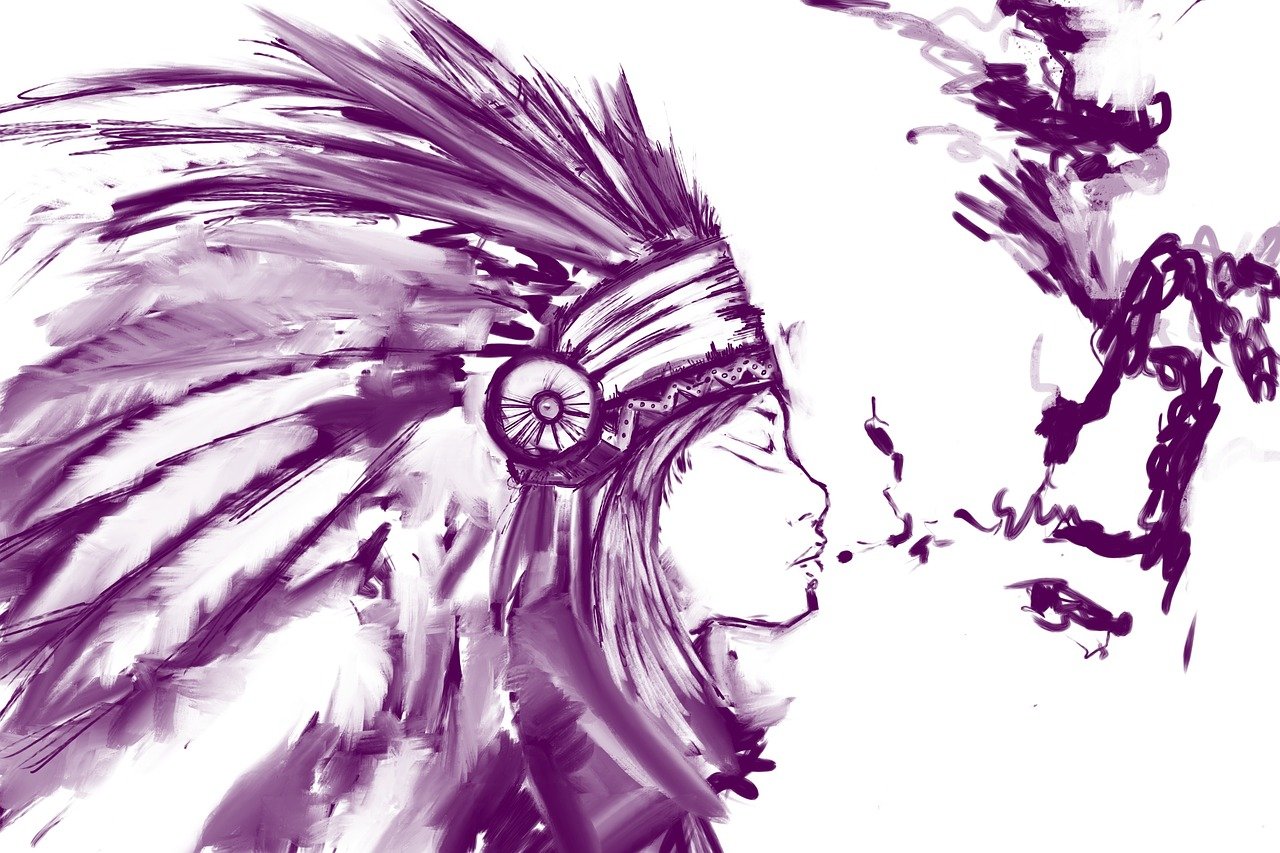a drawing of a person wearing an indian headdress, a digital painting, inspired by Karl Bodmer, tumblr, process art, violet spike smoke, girl sketch, close - up profile, high contrast illustration
