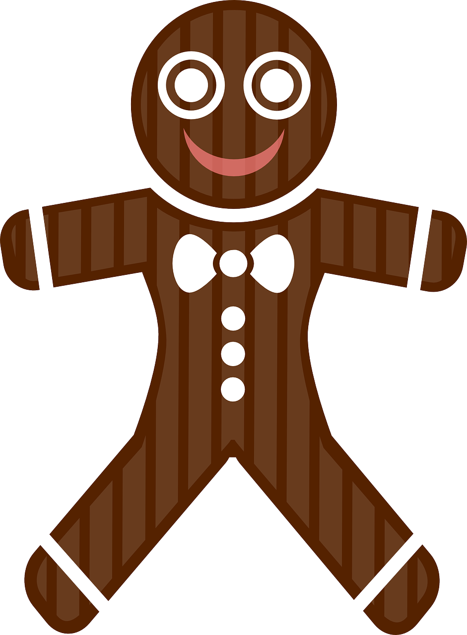 a smiling gingerbread man with a bow tie, sōsaku hanga, stripes, single silhouette figure, full body;, savory