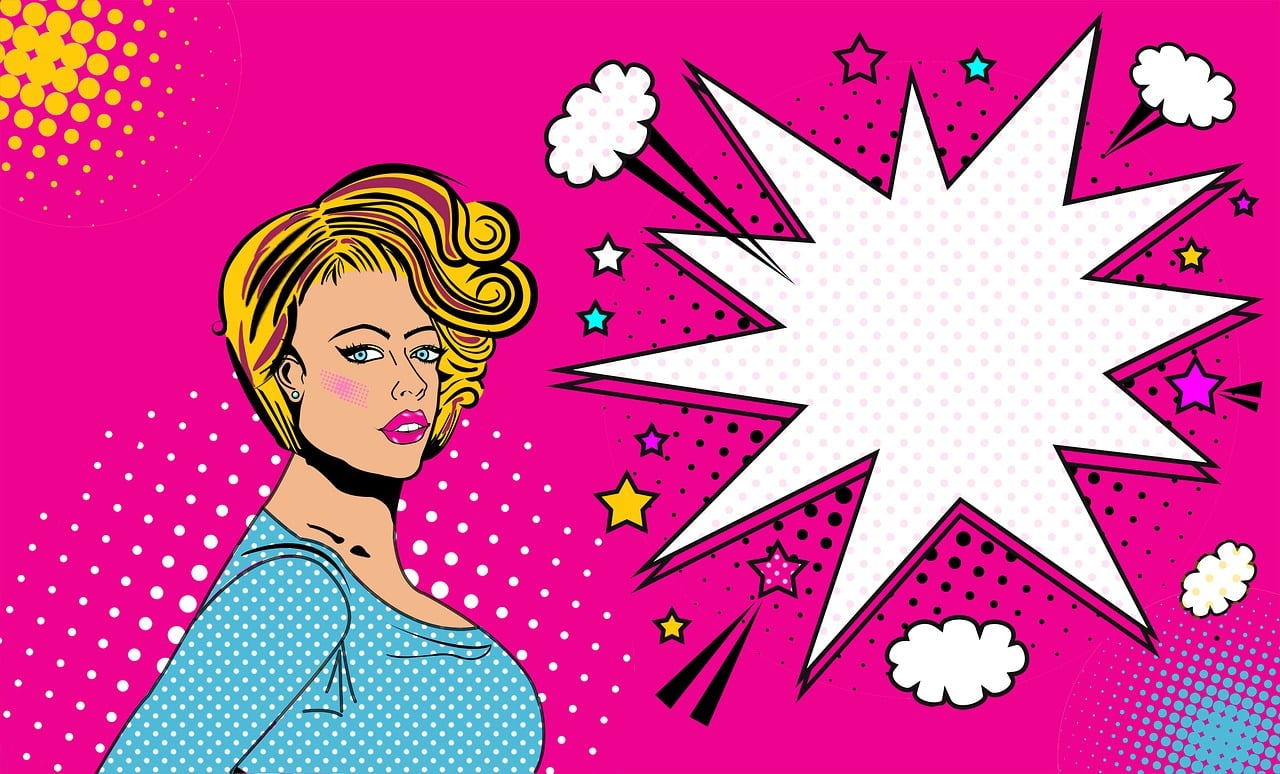 a woman with a surprised look on her face, inspired by Lichtenstein, pop art, with an explosion on the back, pink angry bubble, buxom, looking across the shoulder