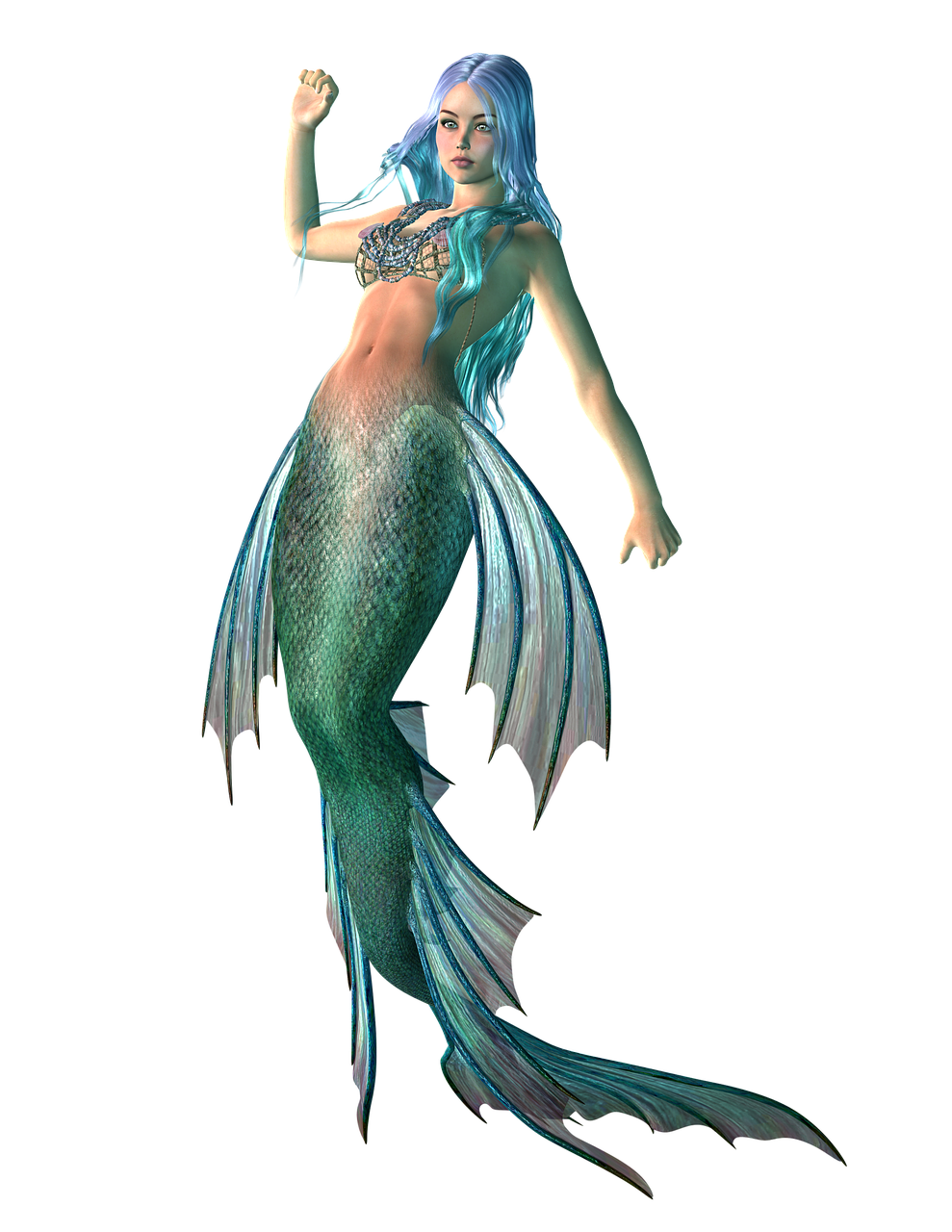 a very pretty mermaid with a very long tail, a raytraced image, fbx, with a black background, sarcastic pose, beautiful avatar pictures