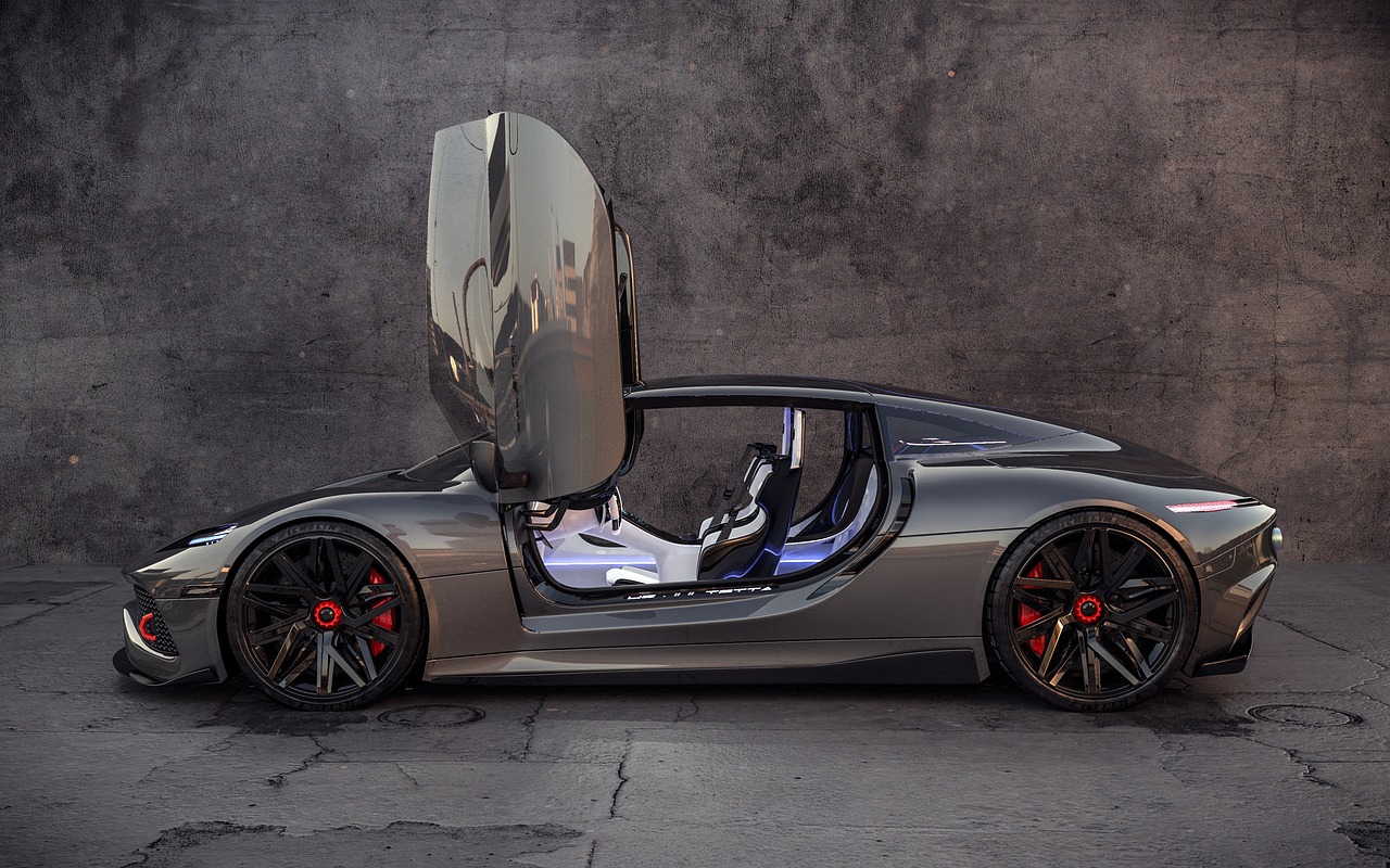 a silver sports car with its door open, a digital rendering, inspired by Harry Haenigsen, tumblr, concept photos, lit from the side, porsche, grey metal body