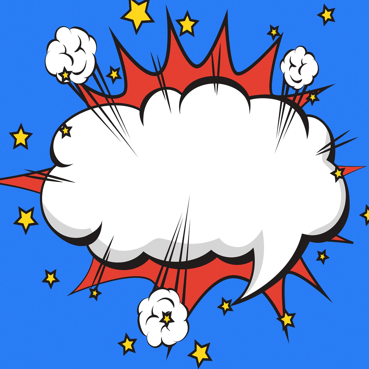 a comic speech bubble with stars on a blue background, a comic book panel, pop art, huge explosions, white cloud, frame, mid century modern cartoon style