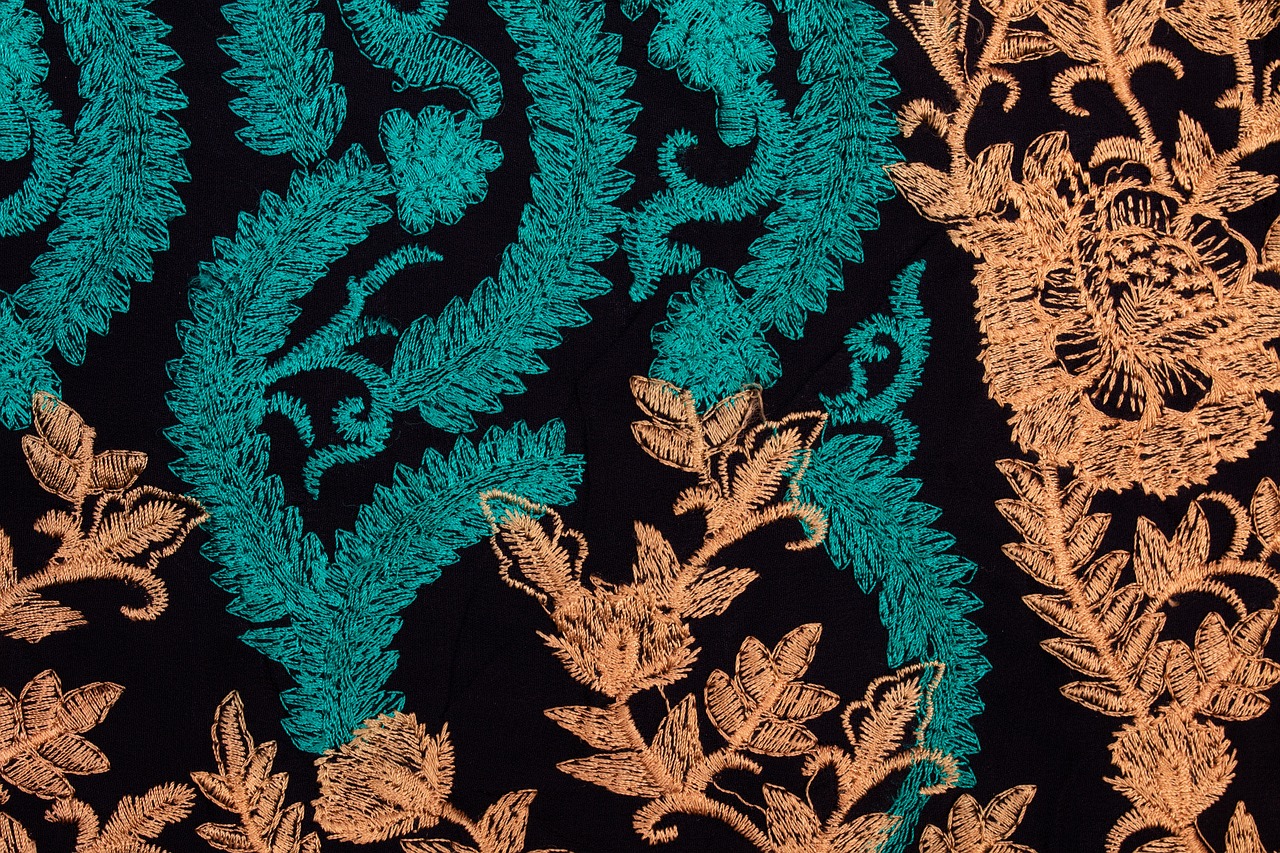 a close up of a piece of fabric with a design on it, inspired by Master of the Embroidered Foliage, trending on pexels, black cyan gold and aqua colors, highly detailed product photo, full length shot, high details photo