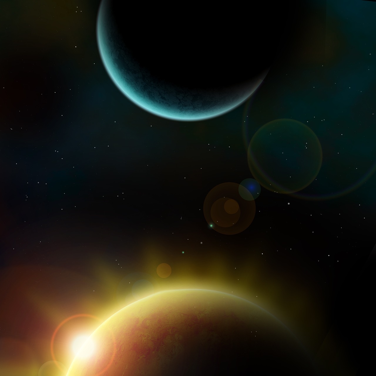a couple of planets that are in the sky, digital art, lens flare. ominous, dark atmosphere illustration, stunning screenshot, no gradients