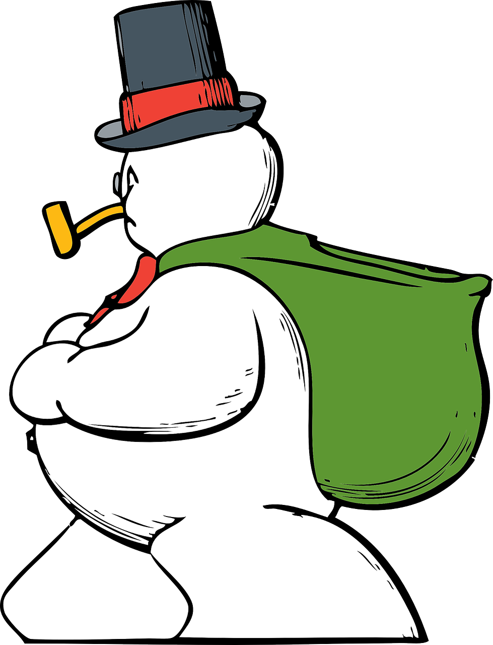 a snowman in a top hat with a pipe in his mouth, inspired by Tex Avery, pixabay, digital art, the man have a backpack, fat figure, colored lineart, shot from the side