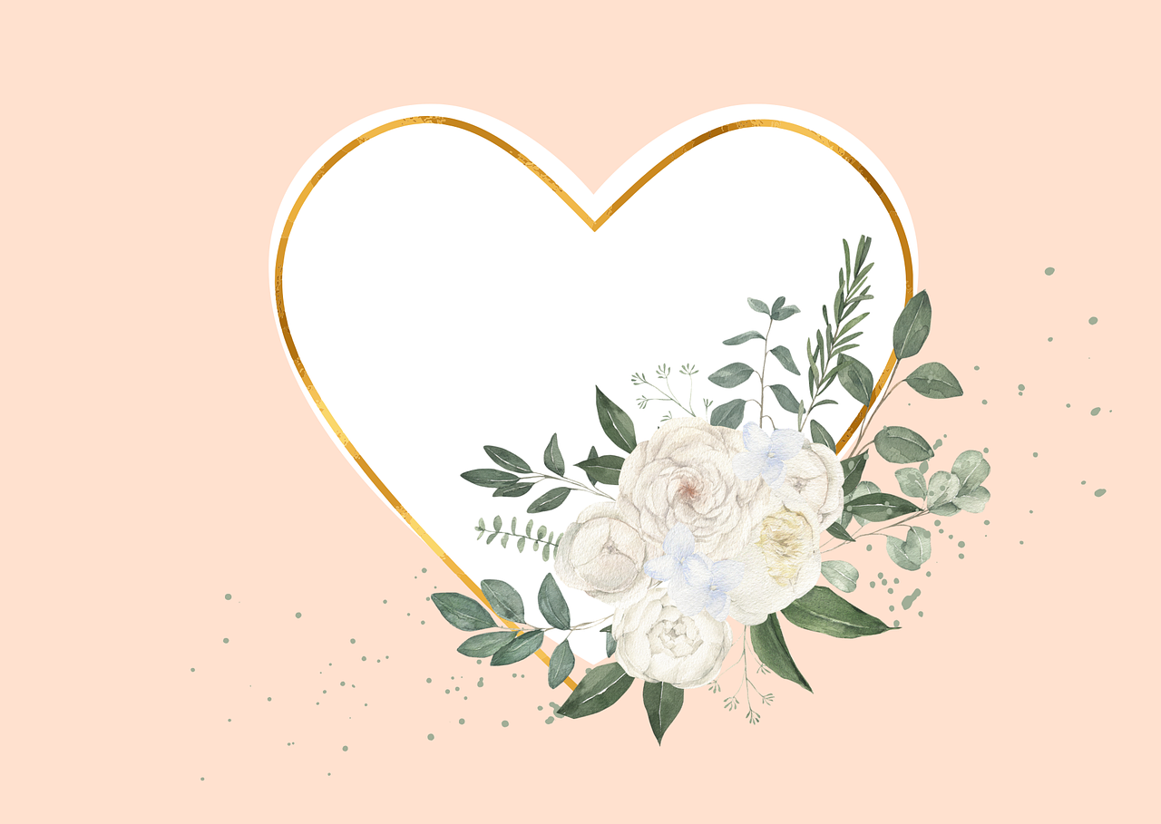 a floral frame in the shape of a heart, trending on pixabay, romanticism, ivory and copper, soft blush, square, gold