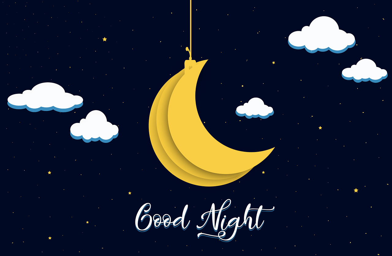 a yellow crescent hanging from a string with clouds in the background, an illustration of, shutterstock, good night, card, simple and clean illustration, navy