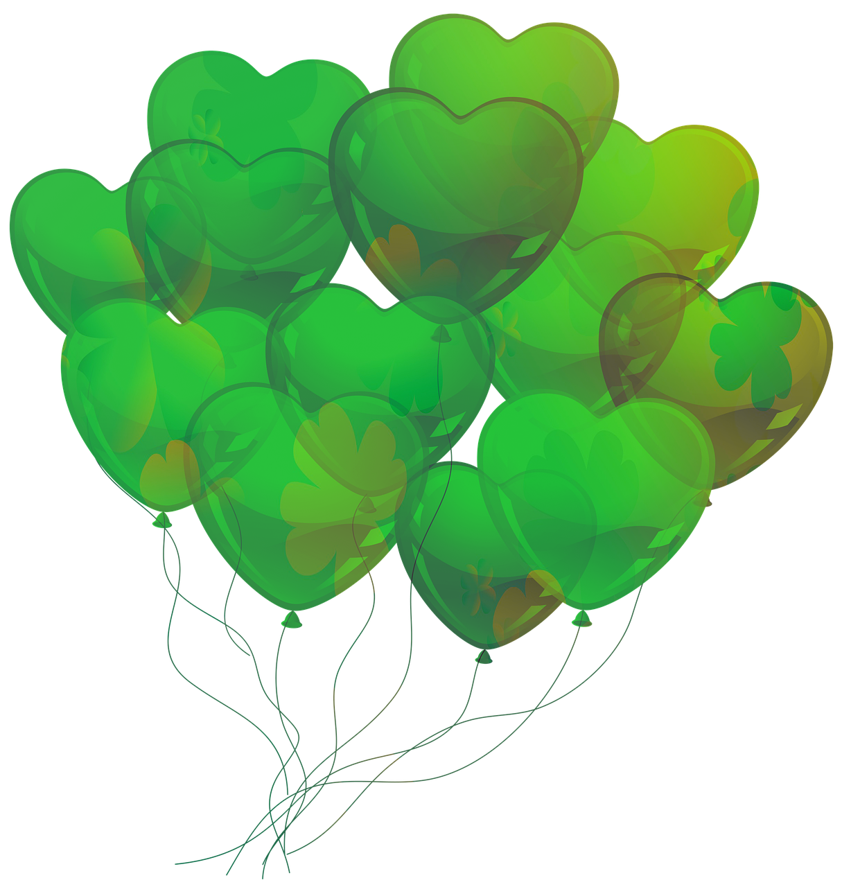 a bunch of balloons in the shape of hearts, a digital rendering, inspired by Luigi Kasimir, hurufiyya, green radioactive glow, celtic, free, leaves as dollars!! glow
