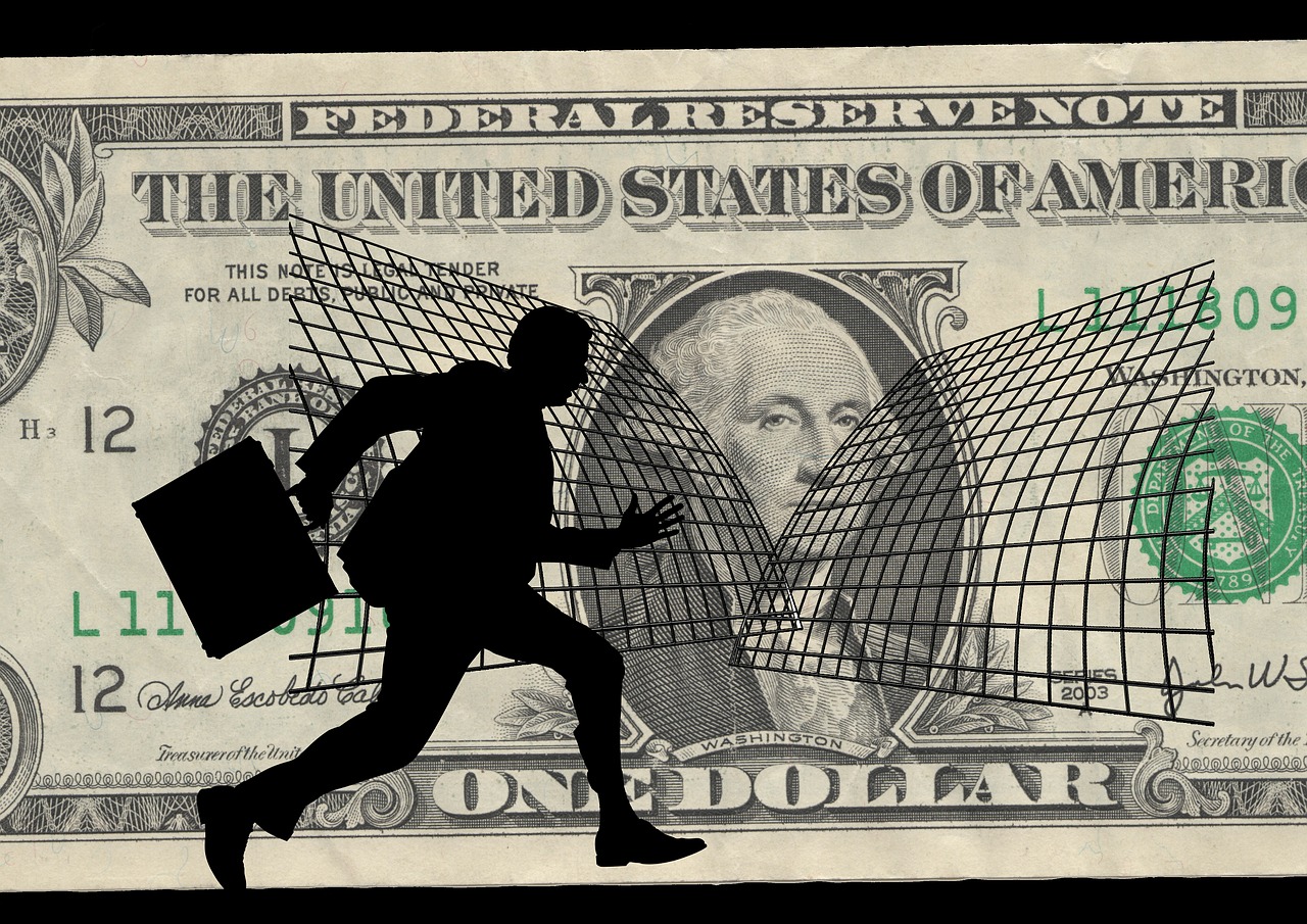 a dollar bill with a silhouette of a man carrying a briefcase, pixabay, conceptual art, netting, running, dirk dzimirsky, elaborate composition