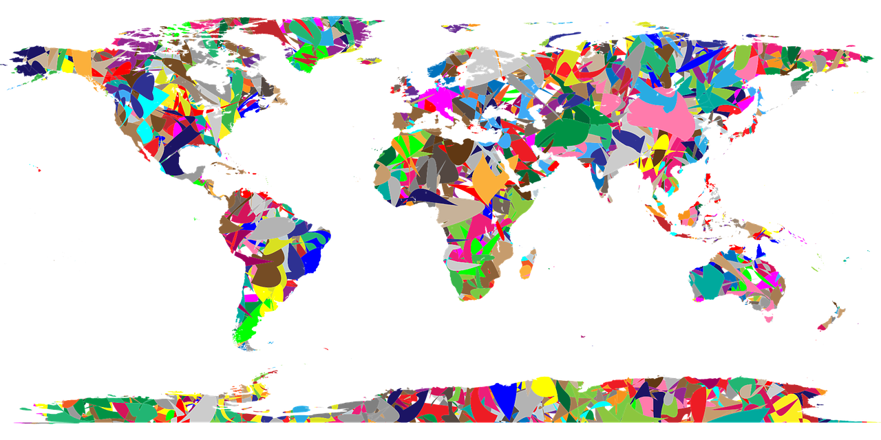 a colorful map of the world on a black background, a raytraced image, by Robert Jacobsen, flickr, panfuturism, digital art. colorful comic, [ shards, large patches of plain colours, 2013