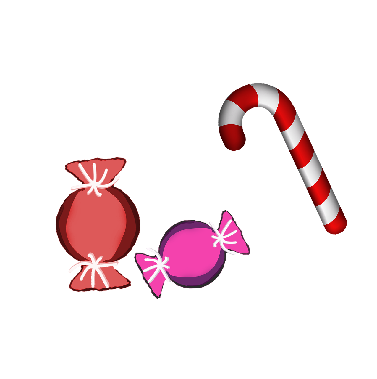 a candy cane and a candy bag on a black background, a digital rendering, tumblr, pop art, imvu, christmas, cute scene, gumdrops