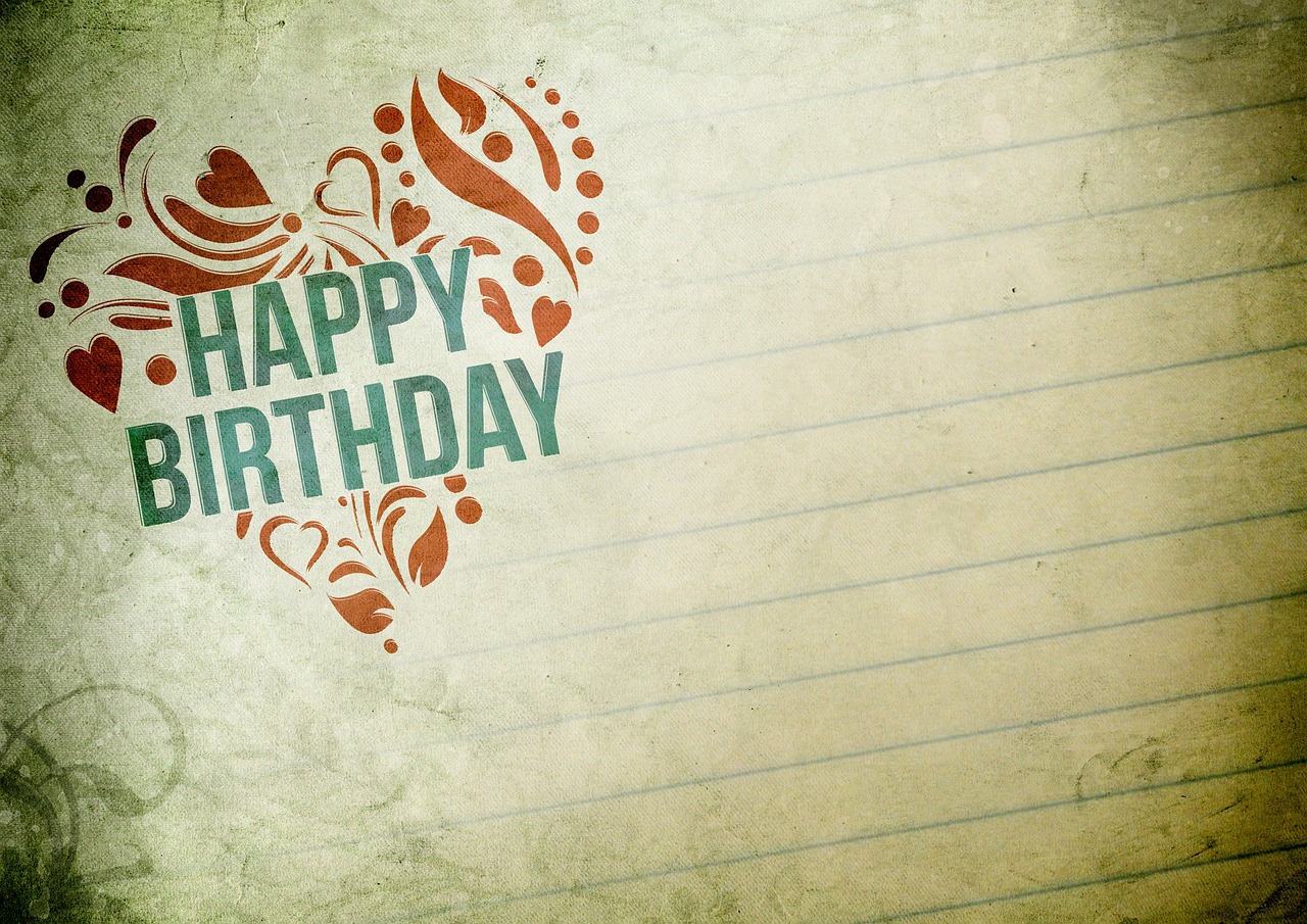 a piece of paper with the words happy birthday written on it, by Kurt Roesch, wallpaper”, (heart), age lines, brown