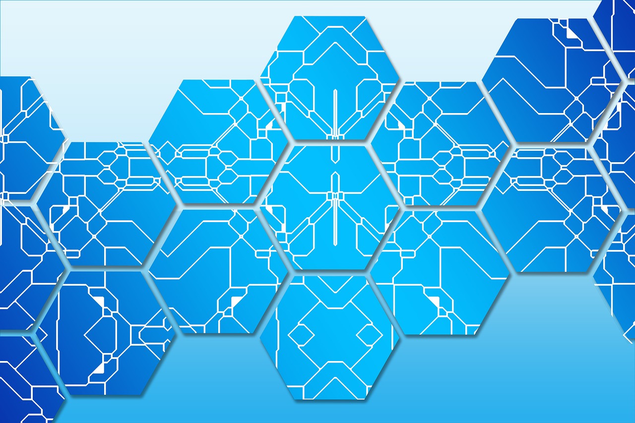 a bunch of blue hexagons on a blue background, digital art, inspired by Buckminster Fuller, pixabay, circuit board, executive industry banner, design on a white background, panels