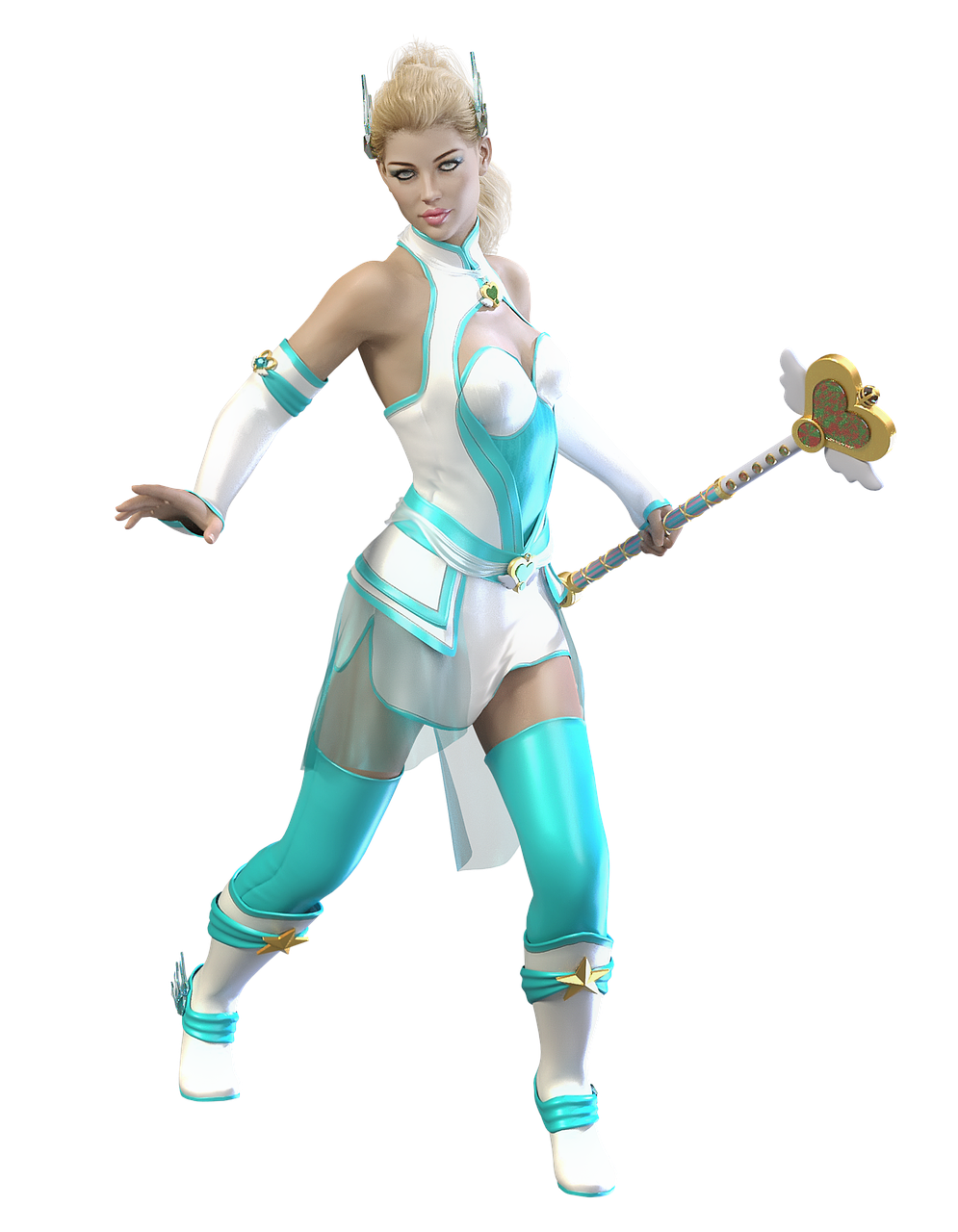 a woman in a blue and white outfit holding a sword, trending on cg society, 3 d character concept, a blonde emerald warrior, heroic muay thai stance pose, holding a magic staff