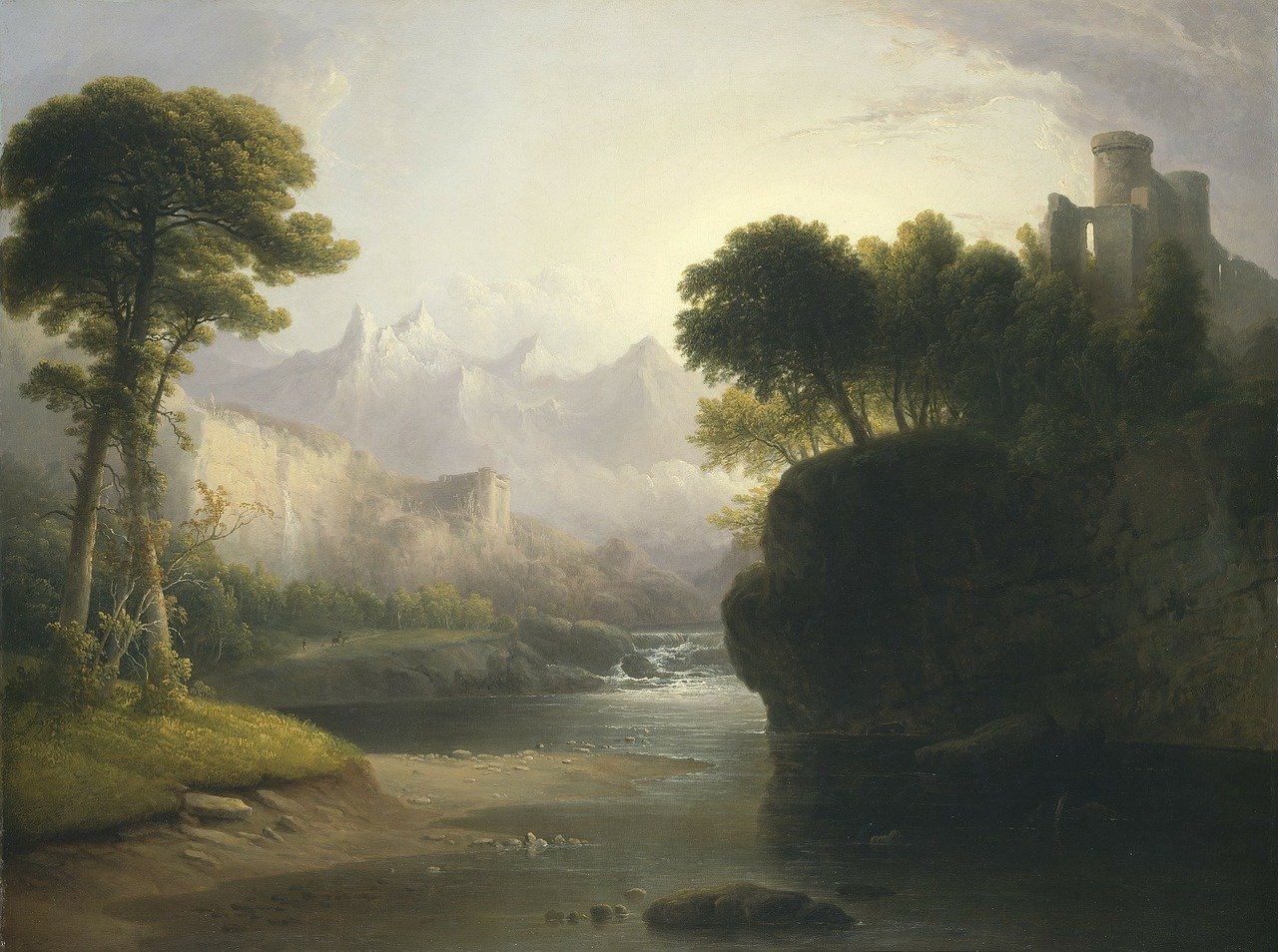 a painting of a river with a castle in the background, a matte painting, inspired by Alexander Nasmyth, hudson river school, mountains in distance, joseph mallord william turner, ancient”