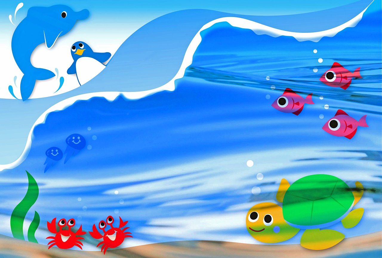 a group of cartoon fish swimming in the ocean, a digital rendering, inspired by Leo Lionni, beach background, 😃😀😄☺🙃😉😗, banner, little kid