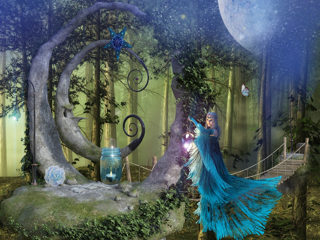 a woman in a blue dress standing in a forest, digital art, inspired by Johfra Bosschart, fantasy art, casting a spell on a potion, twinkling and spiral nubela, in picturesque forest diorama, blue moon