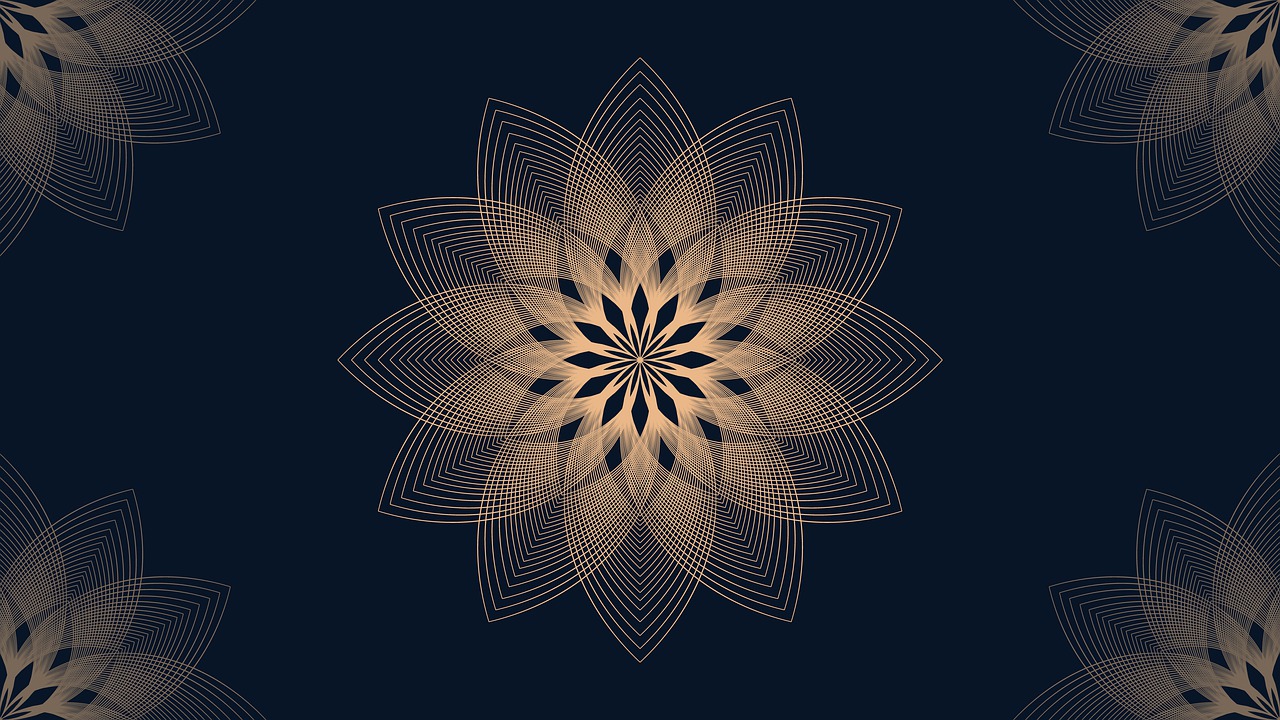 a pattern of gold flowers on a black background, vector art, pexels, abstract illusionism, giant lotus mandala, plume made of geometry, colors with gold and dark blue, outlined art