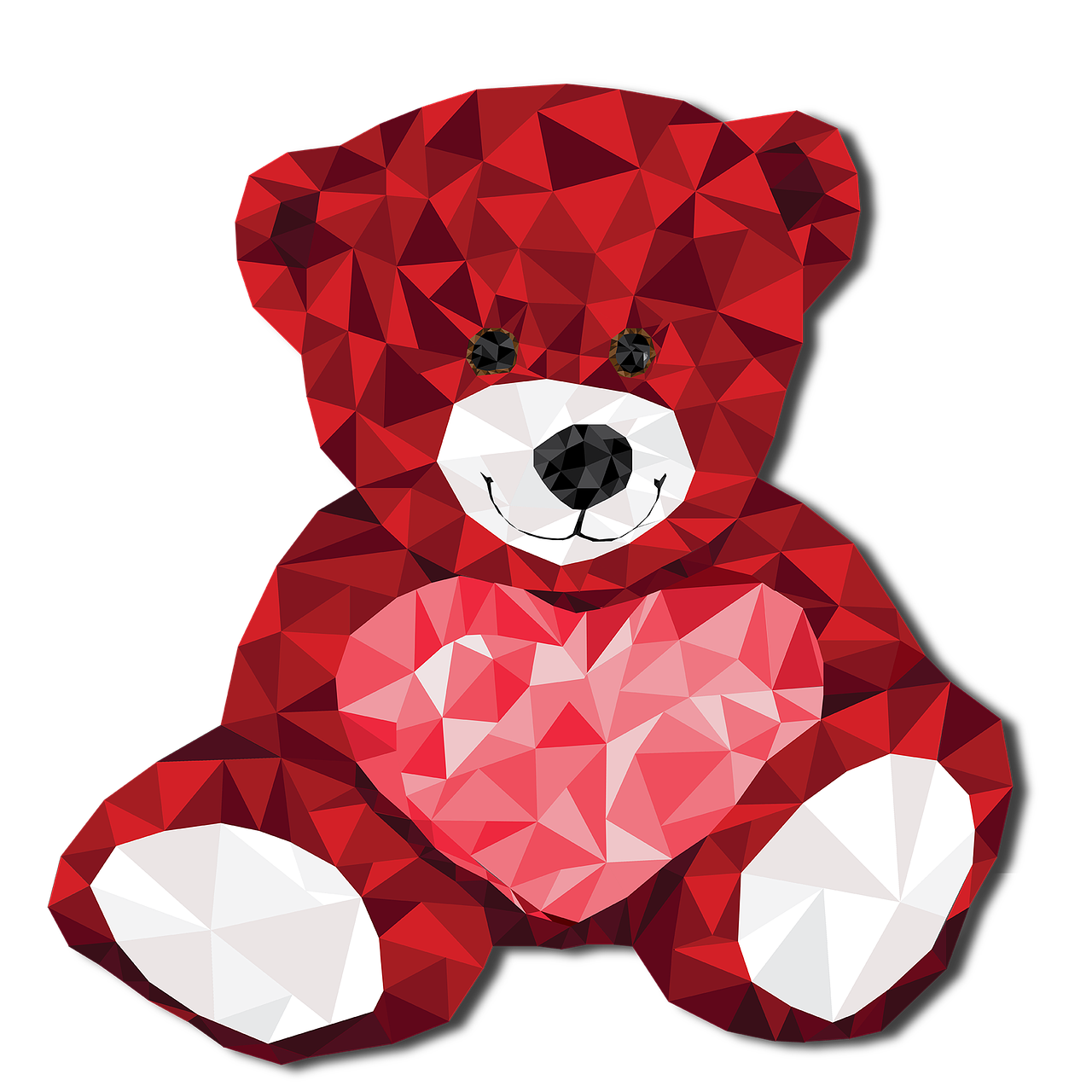 a red teddy bear with a heart in its paws, vector art, crystal cubism, the background is black, triangles in background, folded, family photo