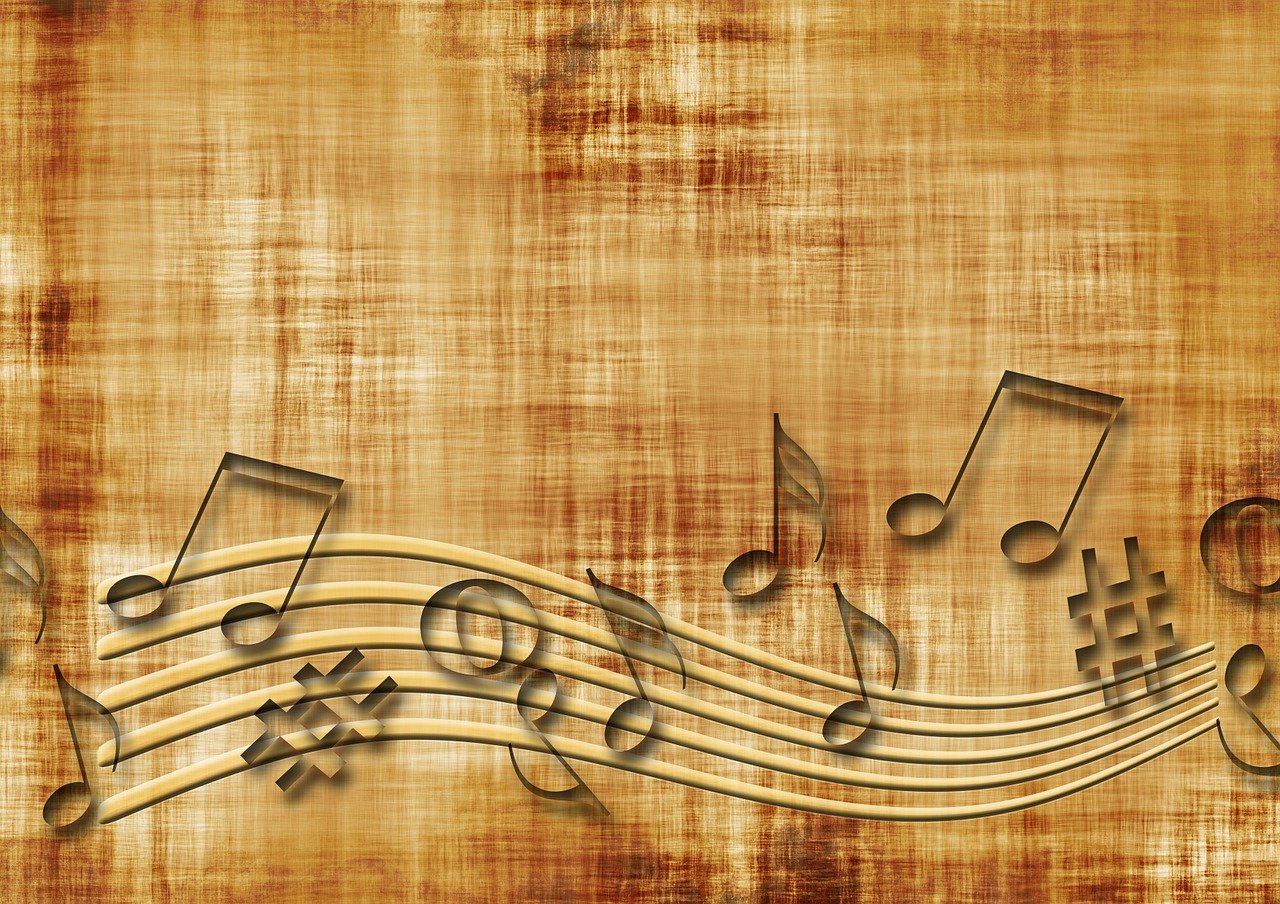 a group of musical notes on a grunge background, trending on pixabay, baroque, burlap, satin, in the shape an audio waveform, straw