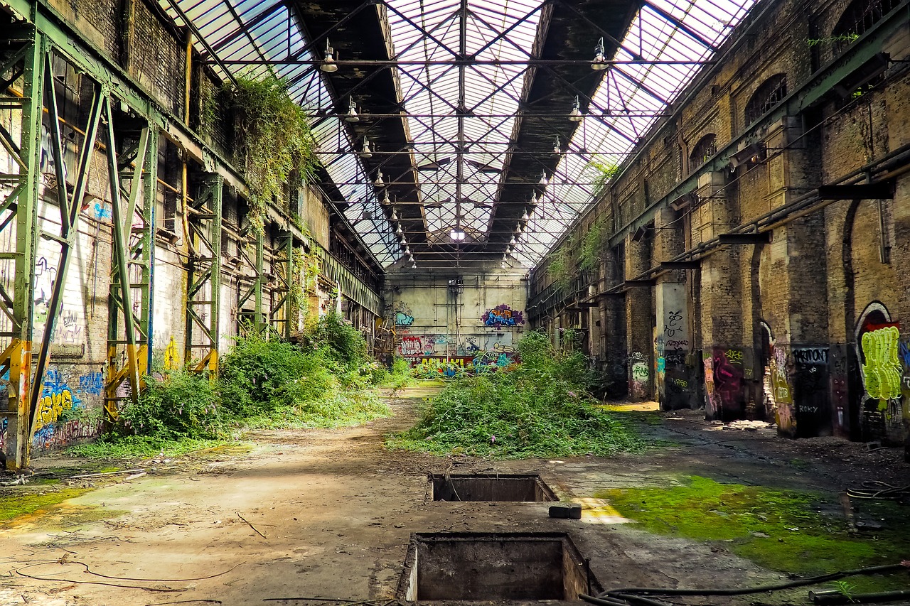 an abandoned building with graffiti all over it, by Raphaël Collin, flickr, renaissance, smelting pit'beeple, the city is full of green plants, bright daylight indoor photo, in the ruins of london