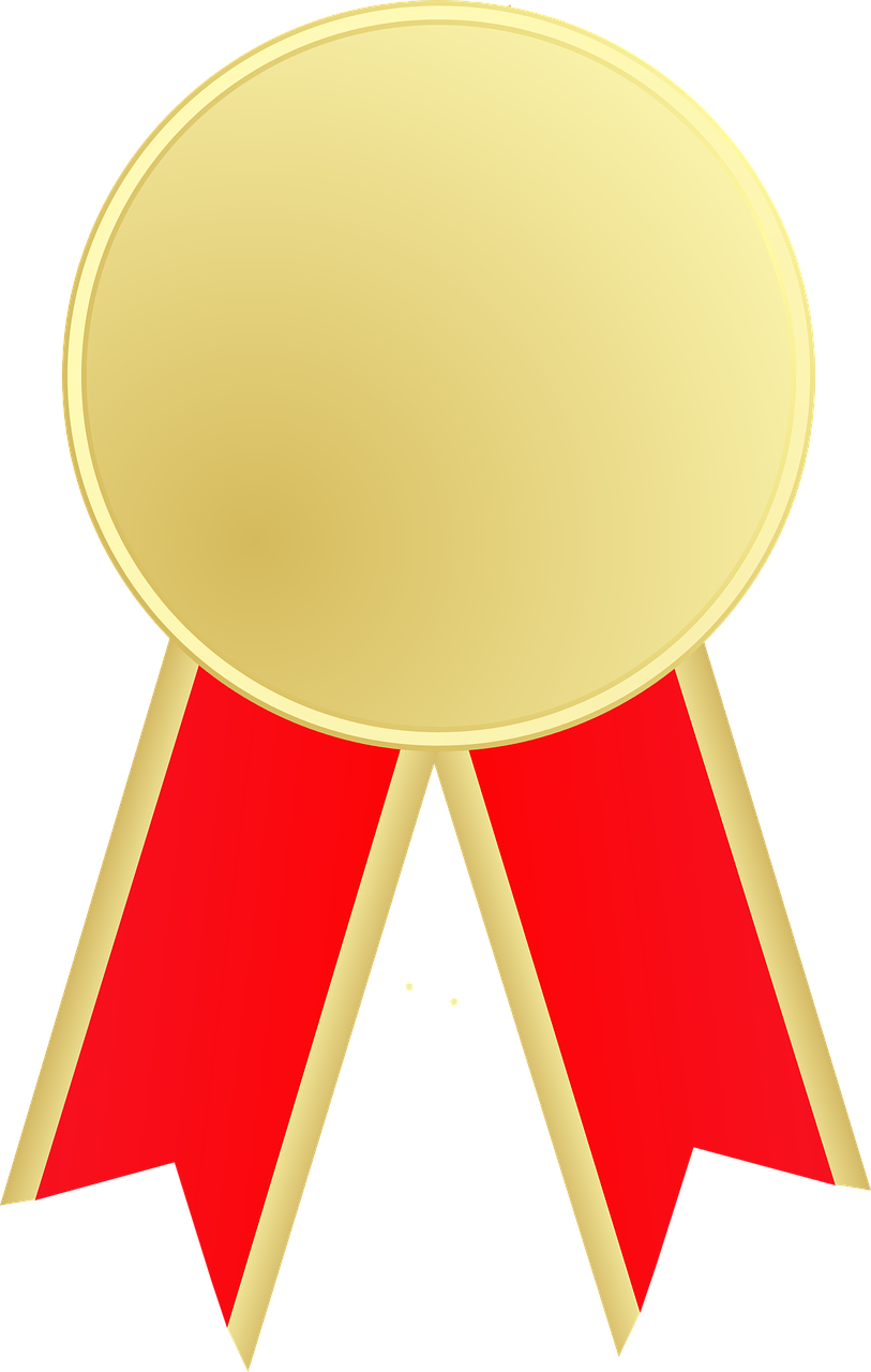 a gold medal with a red ribbon around it, pixabay contest winner, computer art, pierced, very very low quality picture, a tall, long