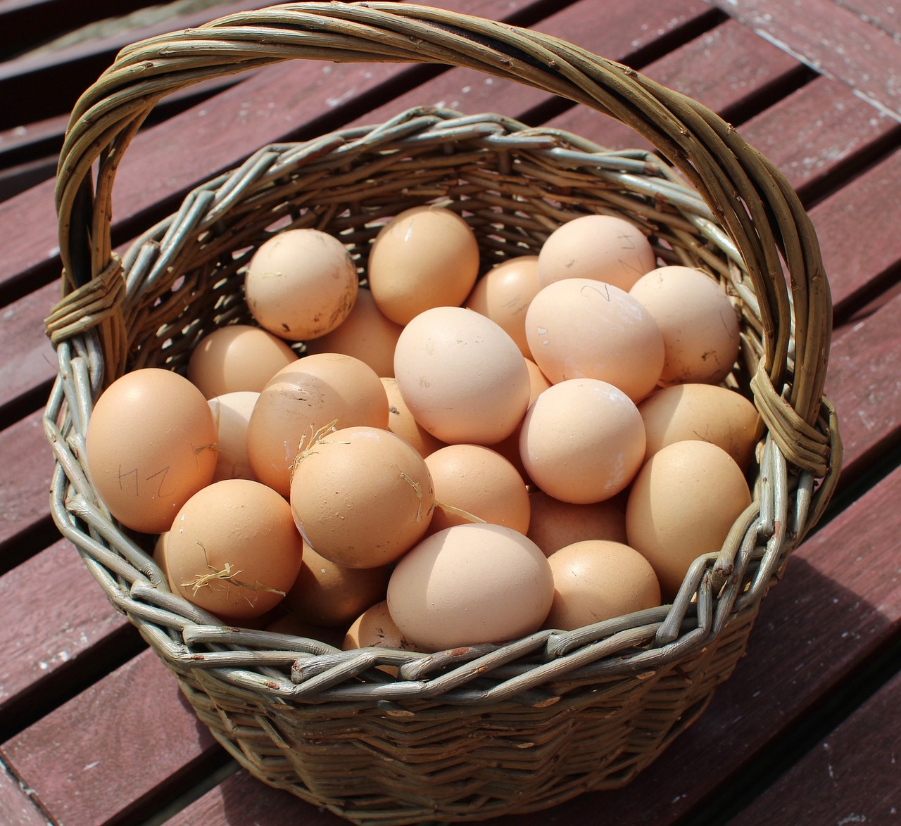 a basket filled with eggs sitting on top of a wooden table, by Linda Sutton, the photo shows a large, bald, cut, full colour