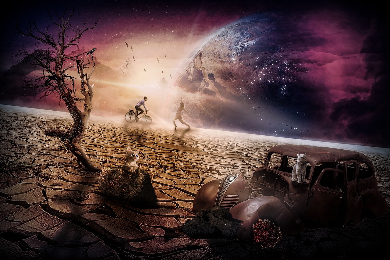 a man riding on the back of a horse next to a dead tree, inspired by Alexander Jansson, shutterstock contest winner, digital art, suns set on a desert planet, planet of the cats, dirt road background, shattered earth