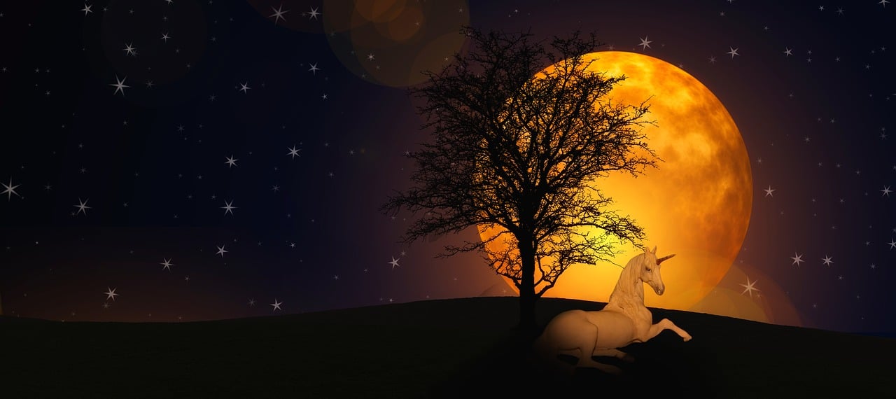a cow laying under a tree in front of a full moon, trending on pixabay, digital art, dark orange night sky, wolves and their treasures, background image, banner