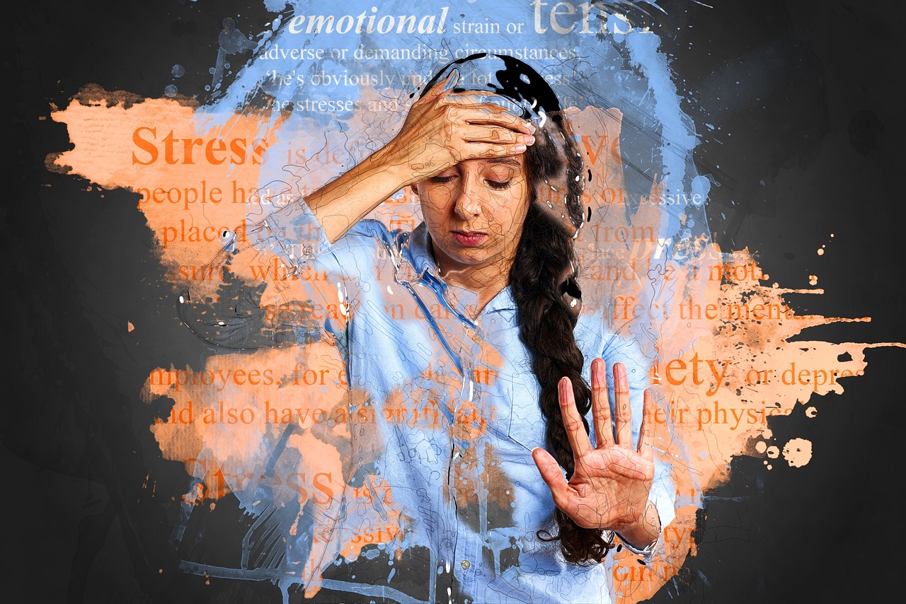 a woman holding her head in her hands, a picture, shutterstock, graffiti, hd mixed media 3d collage, stressed out, pc screen image, words