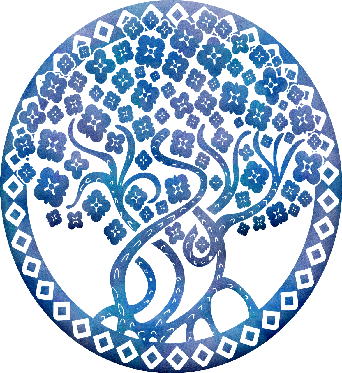 a picture of a tree of life in a circle, a digital rendering, cloisonnism, blue and black color scheme)), carved, very peaceful mood, stylized silhouette